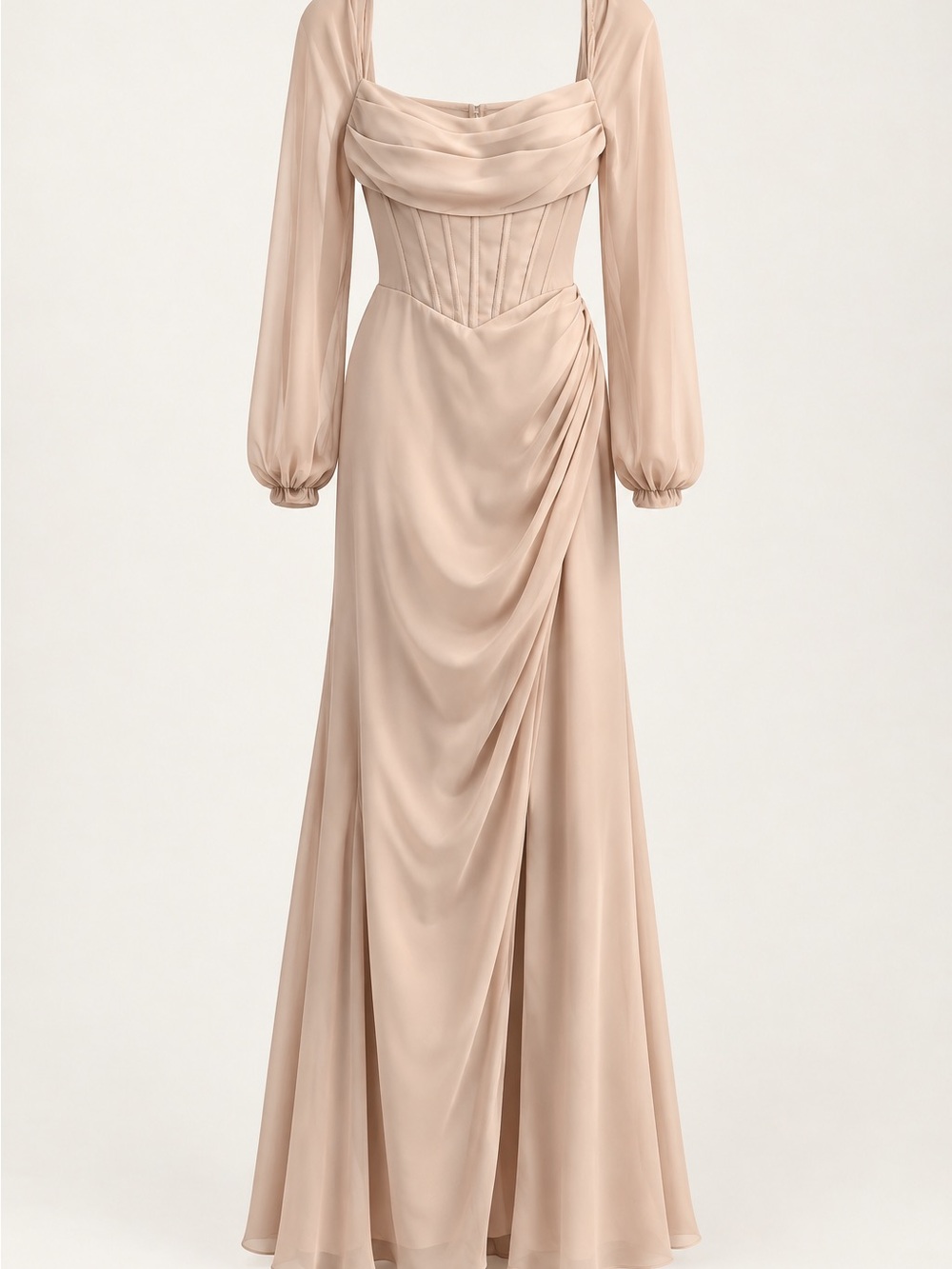 Azazie Blush-Nude Long Sleeve Draped Maxi Gown